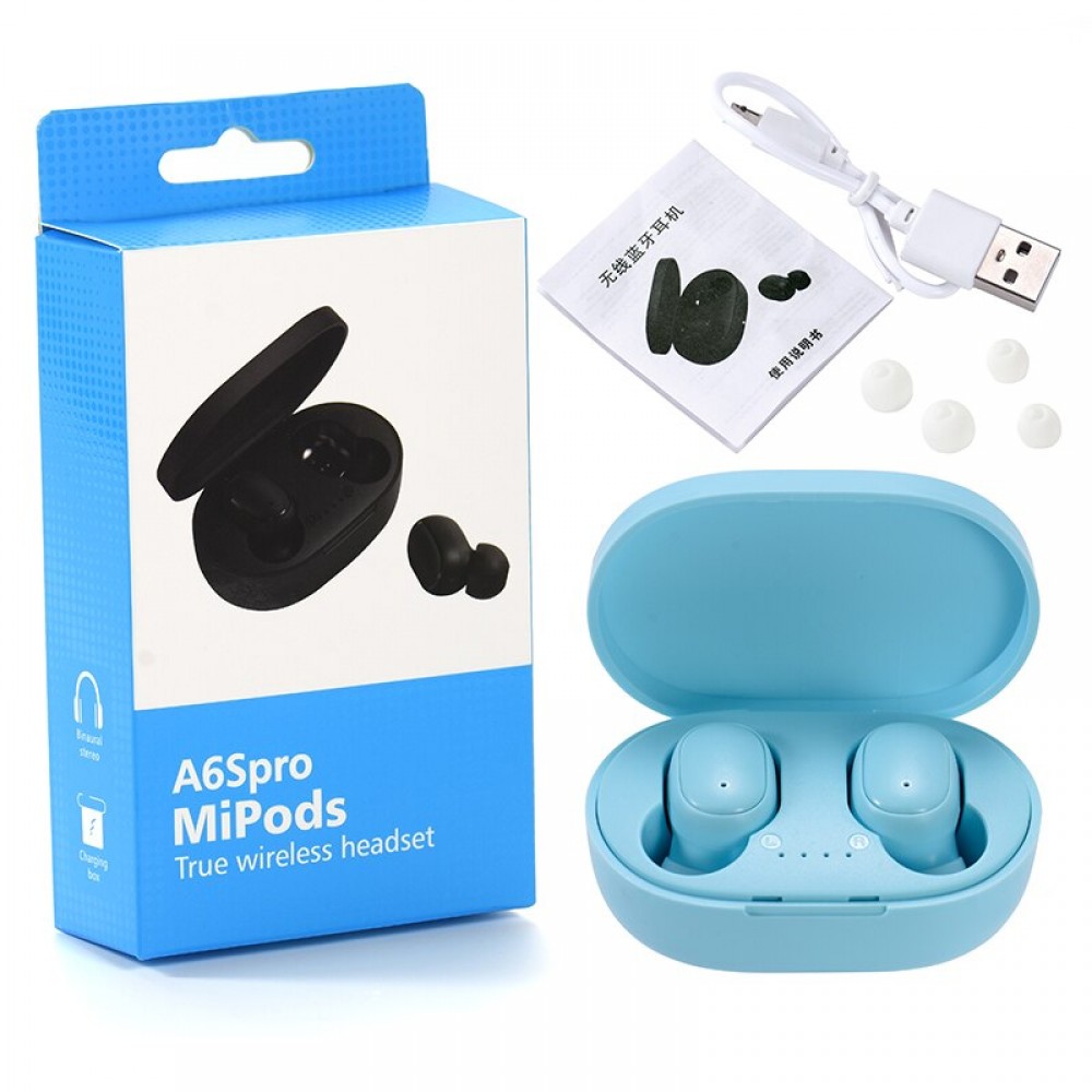 Ecouteurs Bluetooth sans fil A6S - incl. micro, Touch control, étui de charge avec affichage LED - Bleu