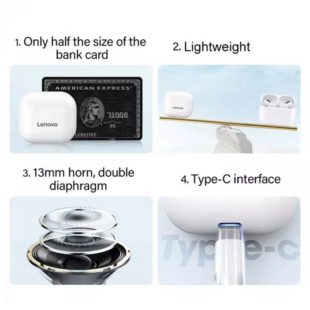 Ecouteurs Lenovo LivePods LP40 sans fil Bluetooth 5.0 wireless earbuds avec USB-C & HD Voice Call - Noir