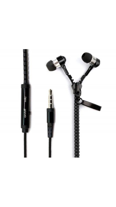 Ecouteurs à câble In-Ear - Design à fermeture éclair avec microphone et télécommande - Noir