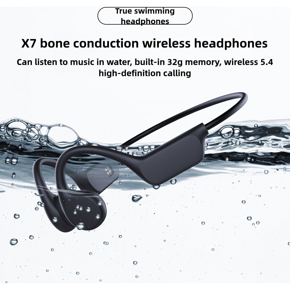 Bluetooth 5.4 Wasserdichte kabellose Knochenleitungs-Kopfhörer für Sport und Schwimmen mit 32 GB integrierter Musik-Speicher - Schwarz