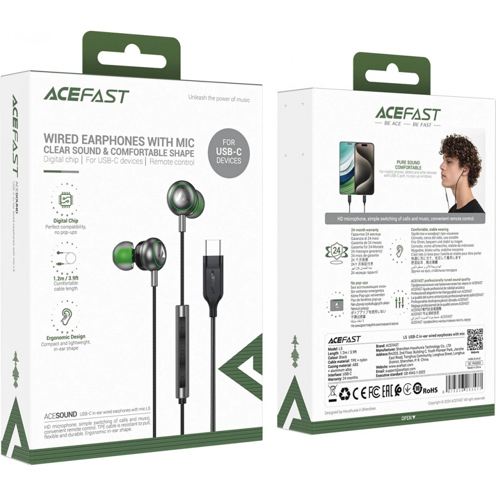 Acefast L5 USB-C In-Ear Kopfhörer 1,2m mit Silikon-Ohrstöpseln - Schwarz