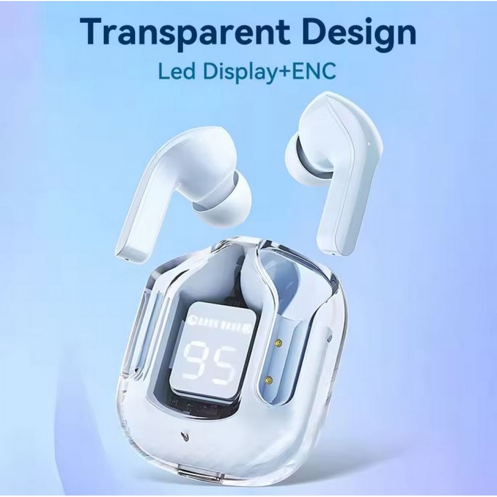 Ecouteurs sans fil Bluetooth 5.3 Crystal Pods TWS In-Ear transparents + affichage LED - Bleu