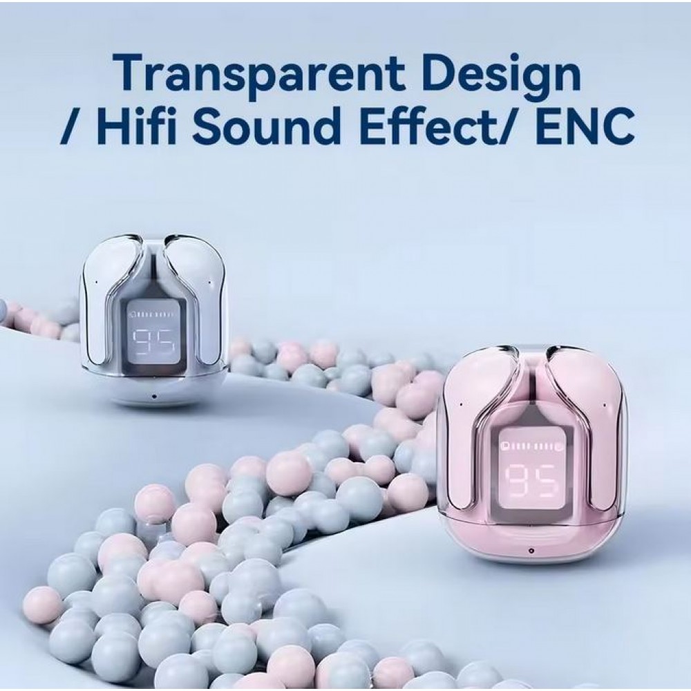 Ecouteurs sans fil Bluetooth 5.3 Crystal Pods TWS In-Ear transparents + affichage LED - Bleu