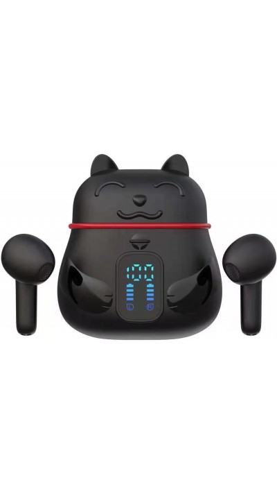 Ecouteurs sans fil chat chinois porte-bonheur Bluetooth In-ear avec mic. et LED - Noir