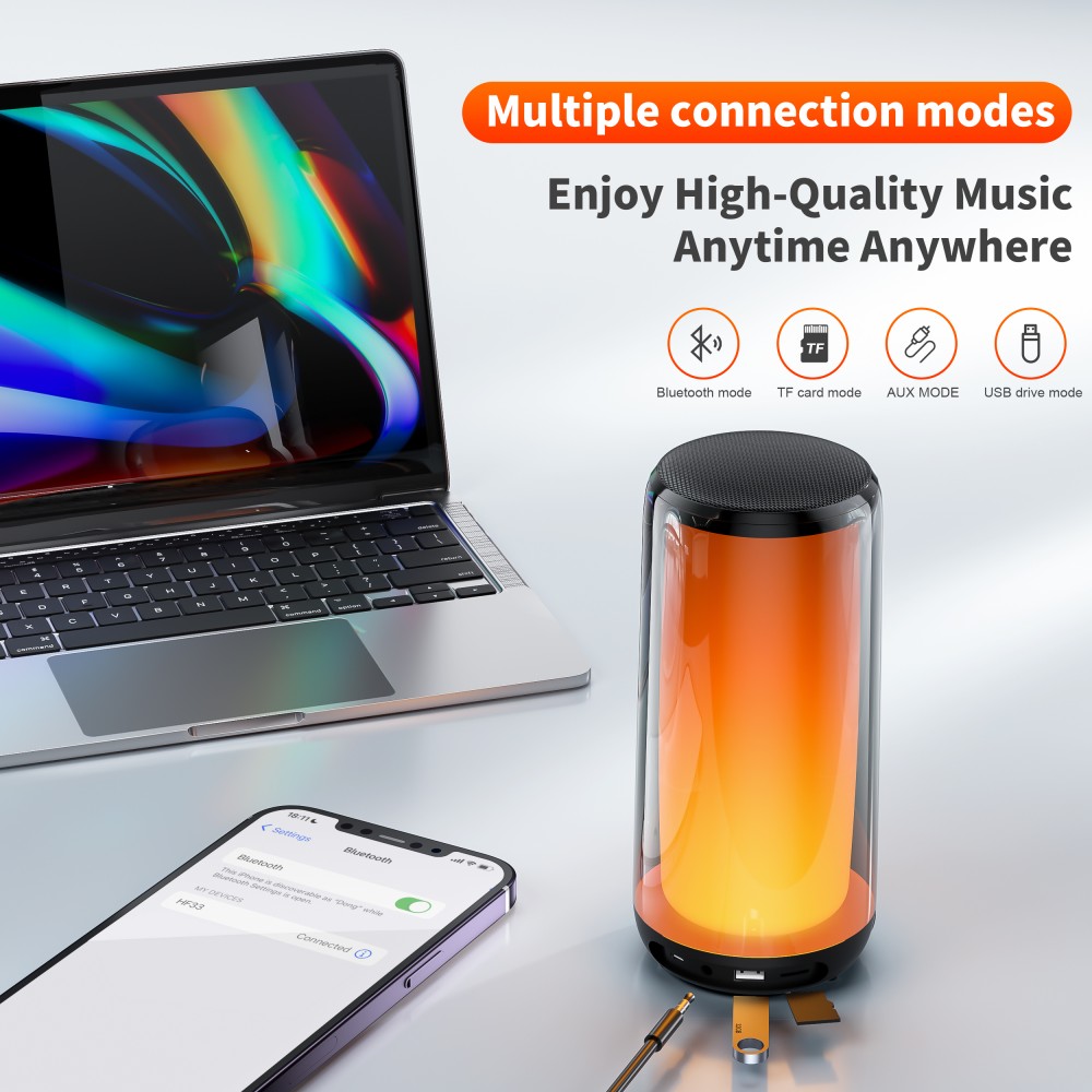 Bluetooth 5.3 Lautsprecher QERE HF33 10W 3D Surround Sound LED Licht IPX5 & USB-C - Schwarz