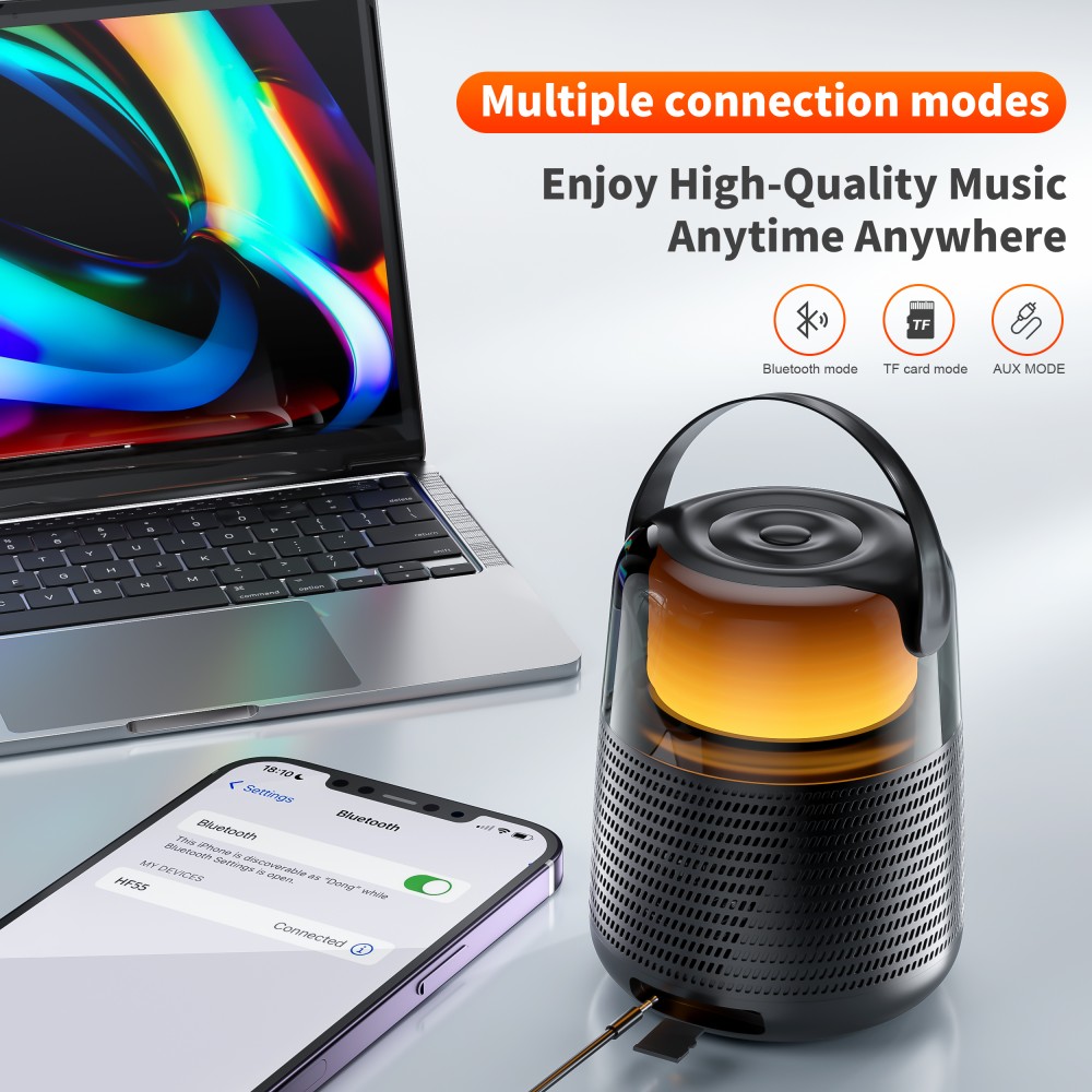 Bluetooth 5.3 Lautsprecher QERE HF55 20W 3D Surround Sound LED Licht IPX5 & USB-C - Schwarz