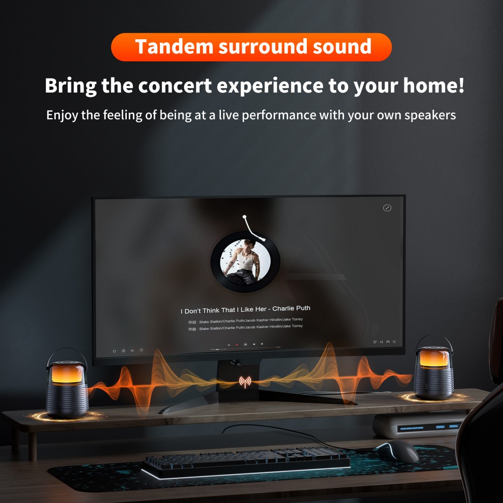 Bluetooth 5.3 Lautsprecher QERE HF55 20W 3D Surround Sound LED Licht IPX5 & USB-C - Schwarz