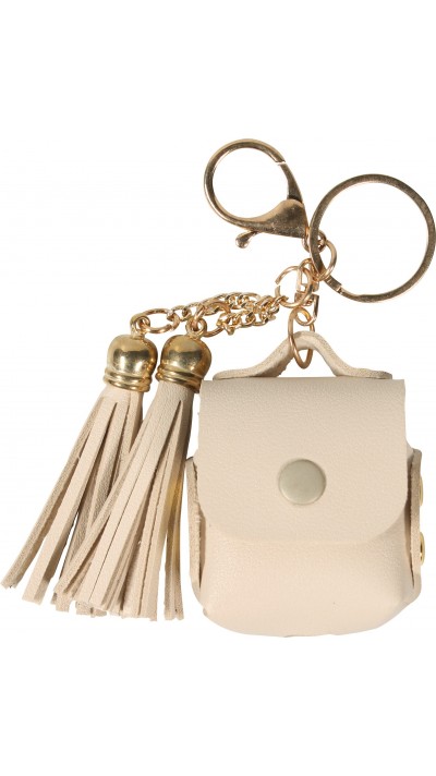 Etui cuir AirPods 1 / 2 - à Franges, Mini-sac à main avec Porte-clés - Blanc cassé
