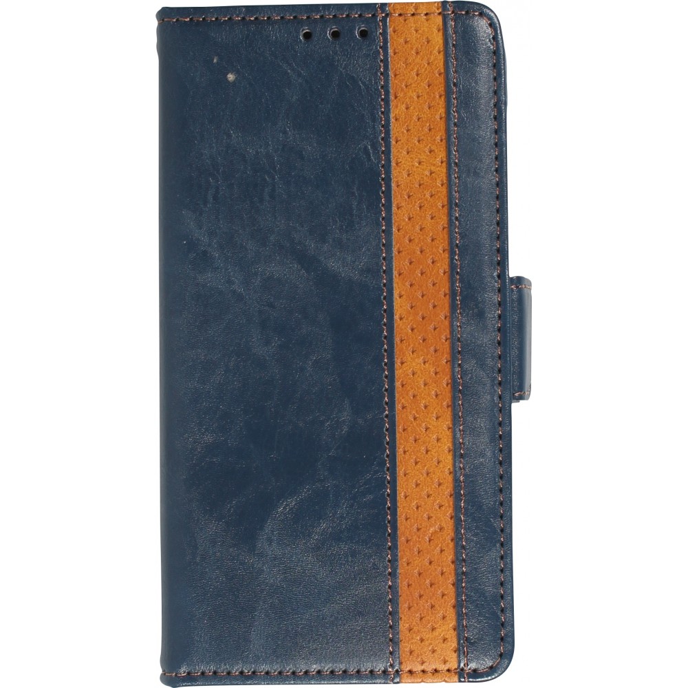 Etui cuir iPhone 16e - Flip Wallet en cuir véritable avec stripe design et compartiment à cartes - Bleu