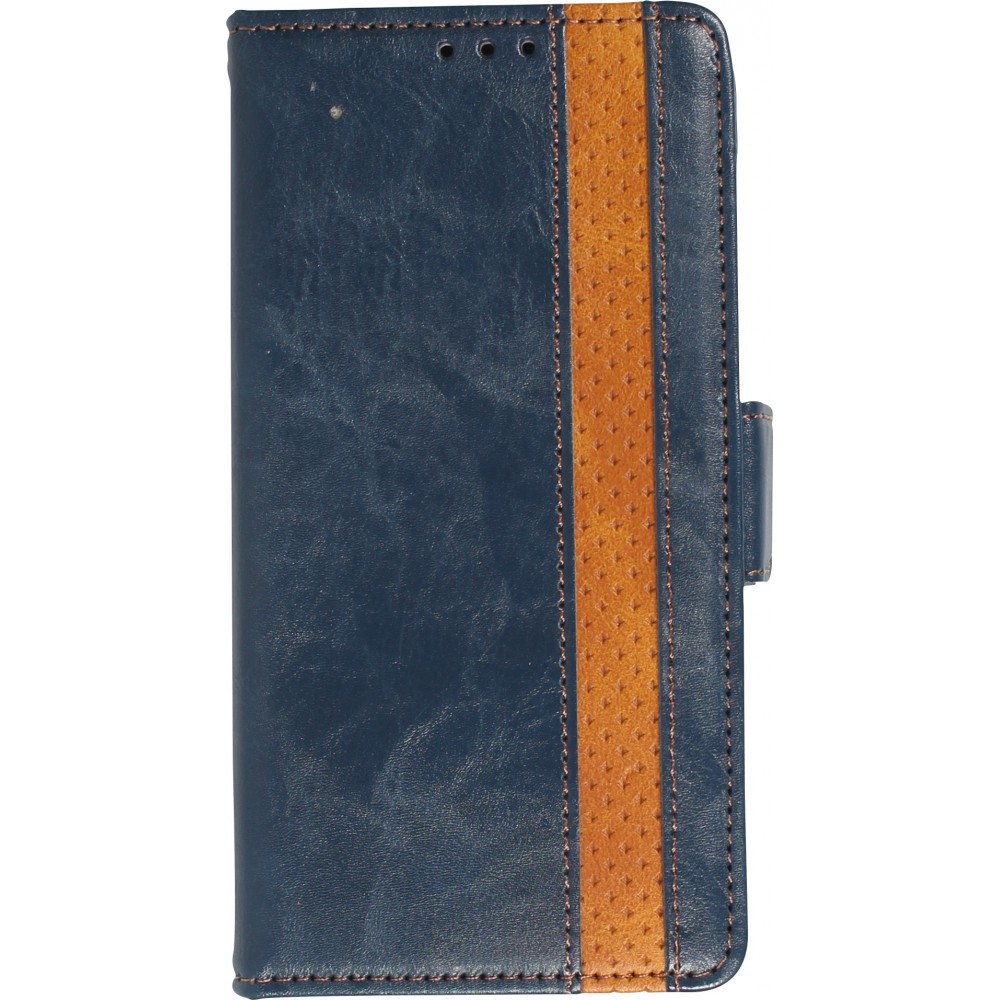 Etui cuir iPhone 15 Pro Max - Flip Wallet en cuir véritable avec stripe design et compartiment à cartes - Bleu