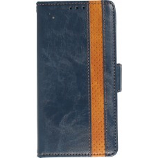 Etui cuir iPhone 14 - Flip Wallet en cuir véritable avec stripe design et compartiment à cartes - Bleu