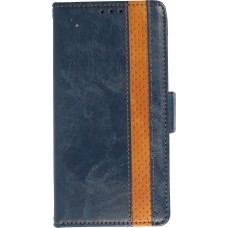 Etui cuir iPhone 16e - Flip Wallet en cuir véritable avec stripe design et compartiment à cartes - Bleu