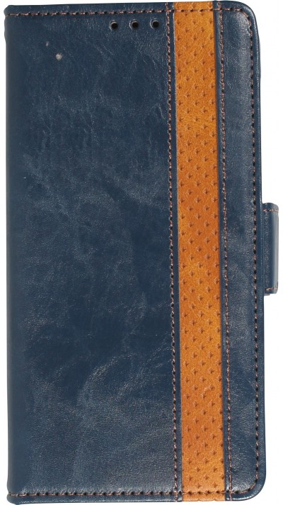 Etui cuir iPhone 15 Pro Max - Flip Wallet en cuir véritable avec stripe design et compartiment à cartes - Bleu