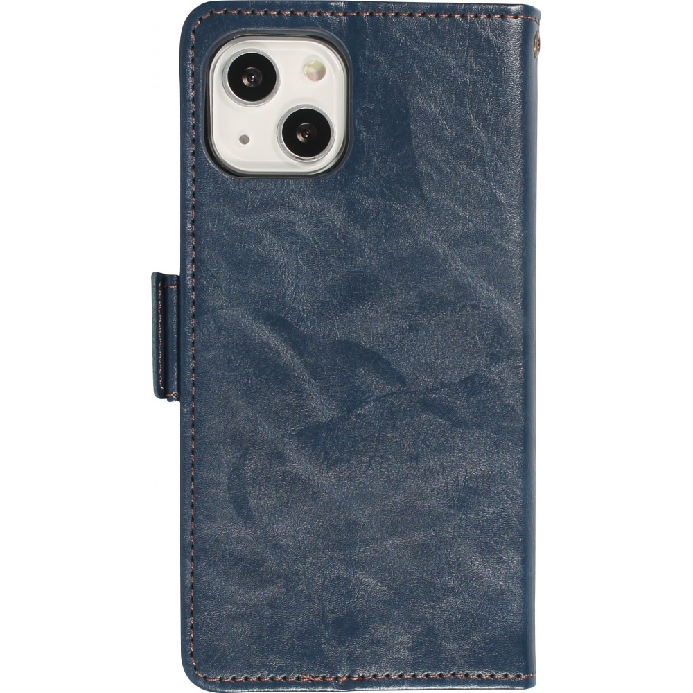 Etui cuir iPhone 16e - Flip Wallet en cuir véritable avec stripe design et compartiment à cartes - Bleu