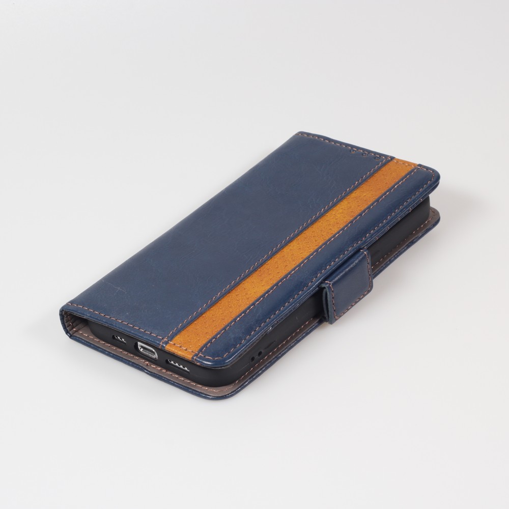 Etui cuir iPhone 16e - Flip Wallet en cuir véritable avec stripe design et compartiment à cartes - Bleu