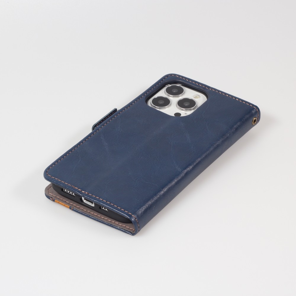 Etui cuir iPhone 16e - Flip Wallet en cuir véritable avec stripe design et compartiment à cartes - Bleu