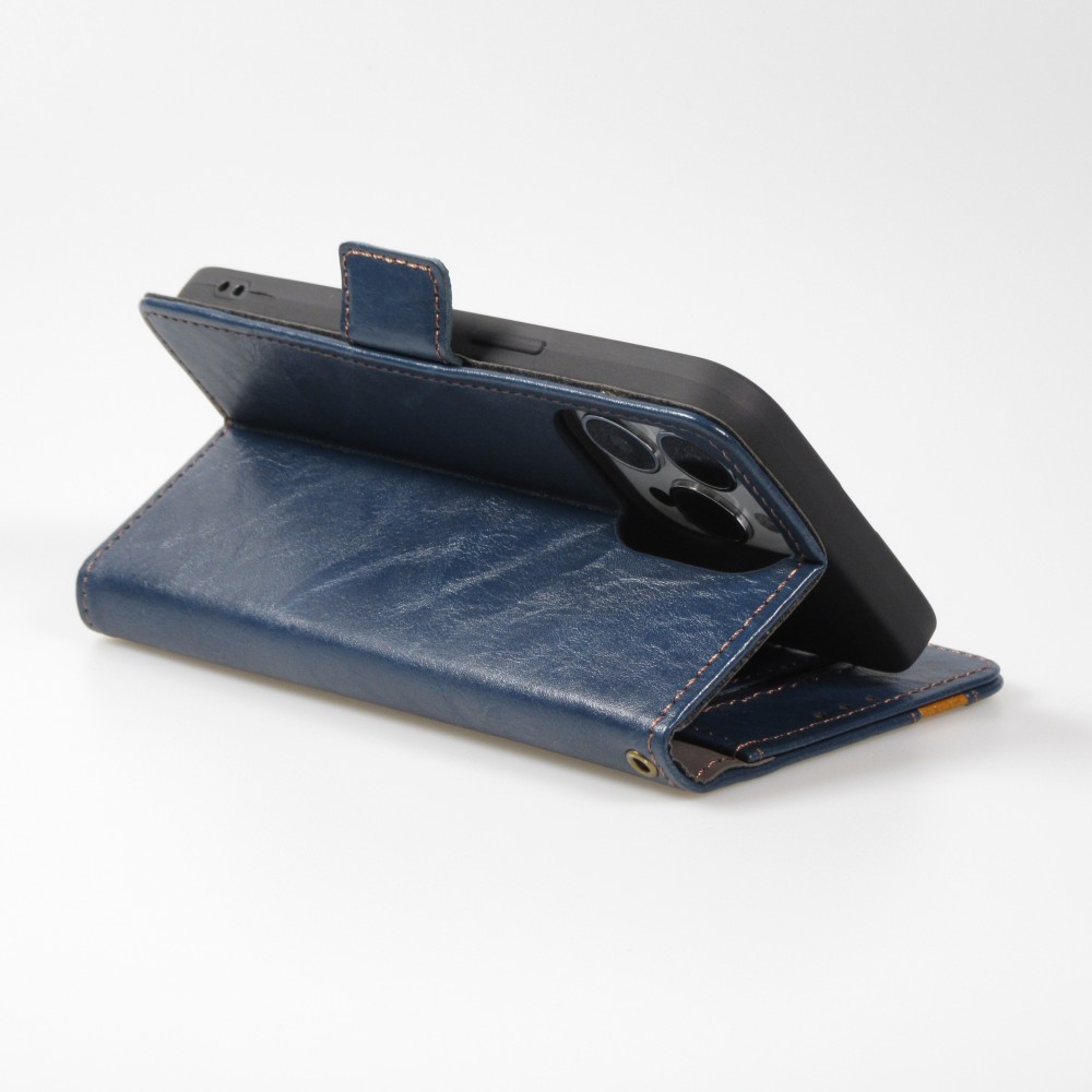 Etui cuir iPhone 16e - Flip Wallet en cuir véritable avec stripe design et compartiment à cartes - Bleu