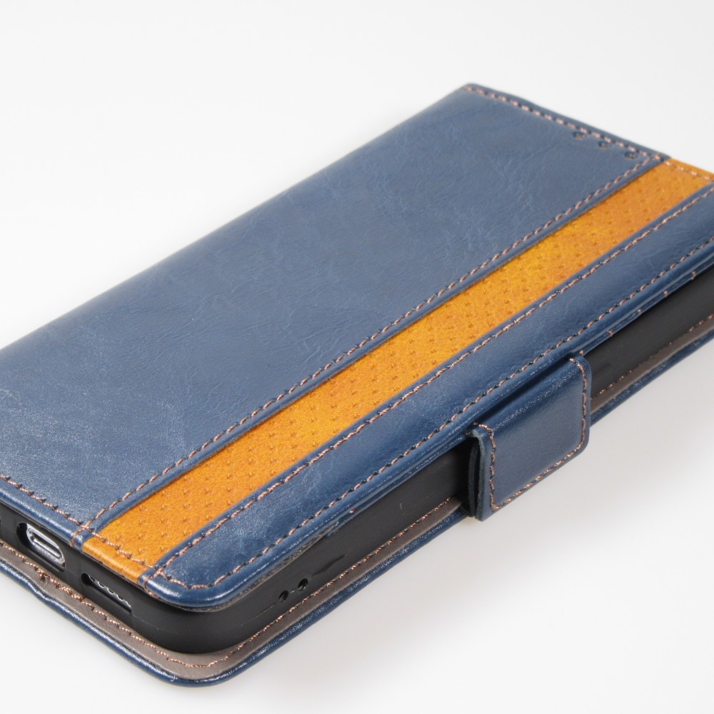 Etui cuir iPhone 16e - Flip Wallet en cuir véritable avec stripe design et compartiment à cartes - Bleu