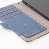 Etui cuir iPhone 14 - Flip Wallet en cuir véritable avec stripe design et compartiment à cartes - Bleu