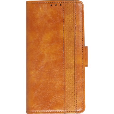 Etui cuir iPhone 13 - Flip Wallet en cuir véritable avec stripe design et compartiment à cartes - Brun
