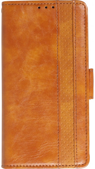 Etui cuir iPhone 13 - Flip Wallet en cuir véritable avec stripe design et compartiment à cartes - Brun