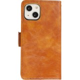 Etui cuir iPhone 13 - Flip Wallet en cuir véritable avec stripe design et compartiment à cartes - Brun