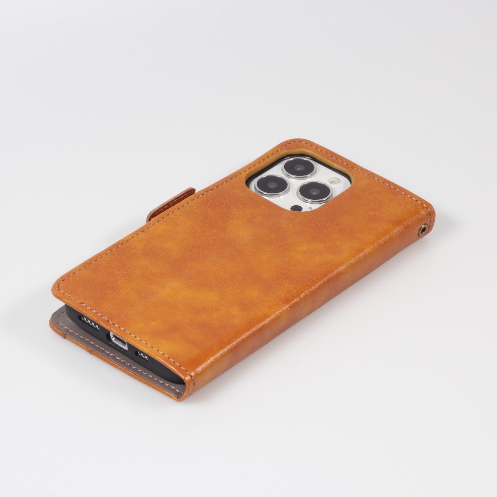 Etui cuir iPhone 13 - Flip Wallet en cuir véritable avec stripe design et compartiment à cartes - Brun