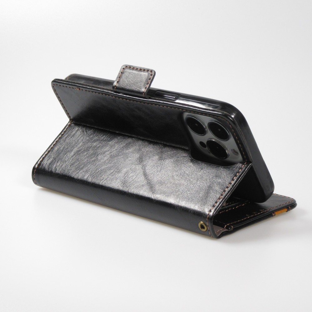 Etui cuir iPhone 13 - Flip Wallet en cuir véritable avec stripe design et compartiment à cartes - Noir