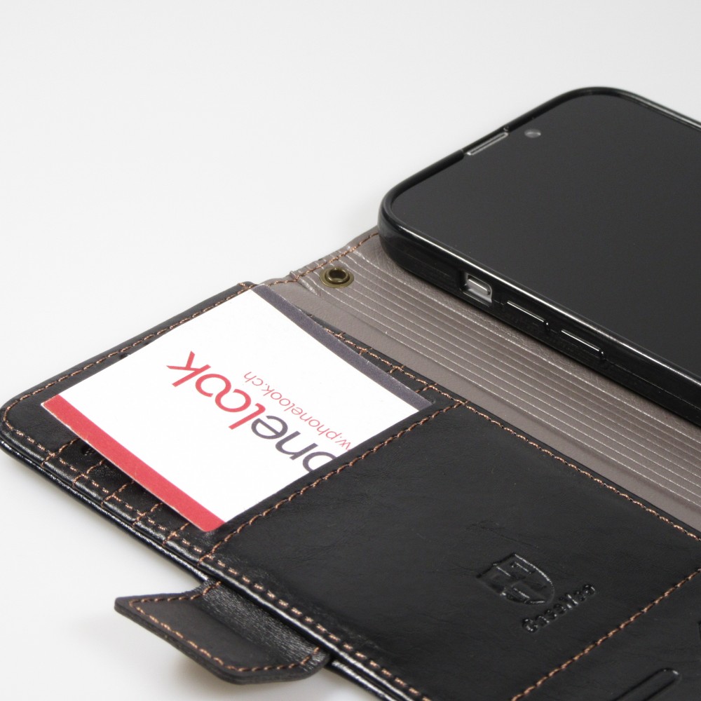 Etui cuir iPhone 13 - Flip Wallet en cuir véritable avec stripe design et compartiment à cartes - Noir