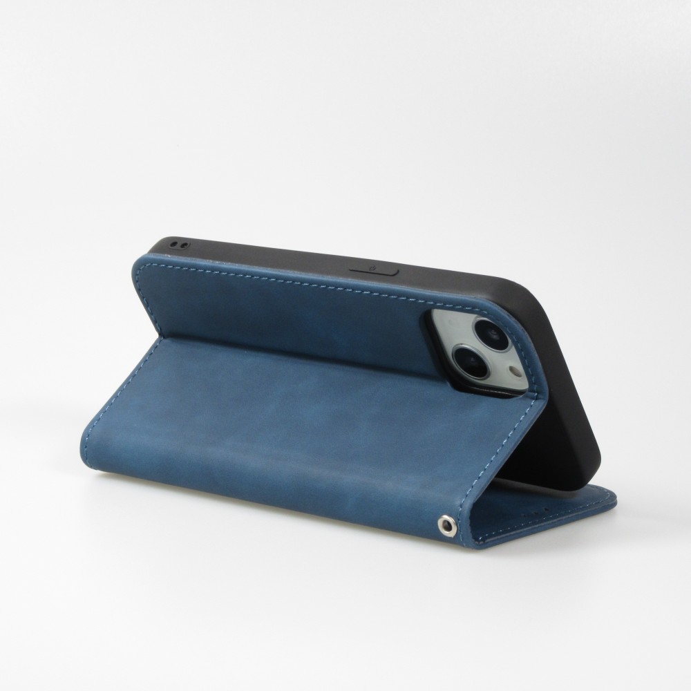 Etui cuir iPhone 16e - Flip Wallet vintage avec fermeture aimantée et compartiment cartes - Bleu