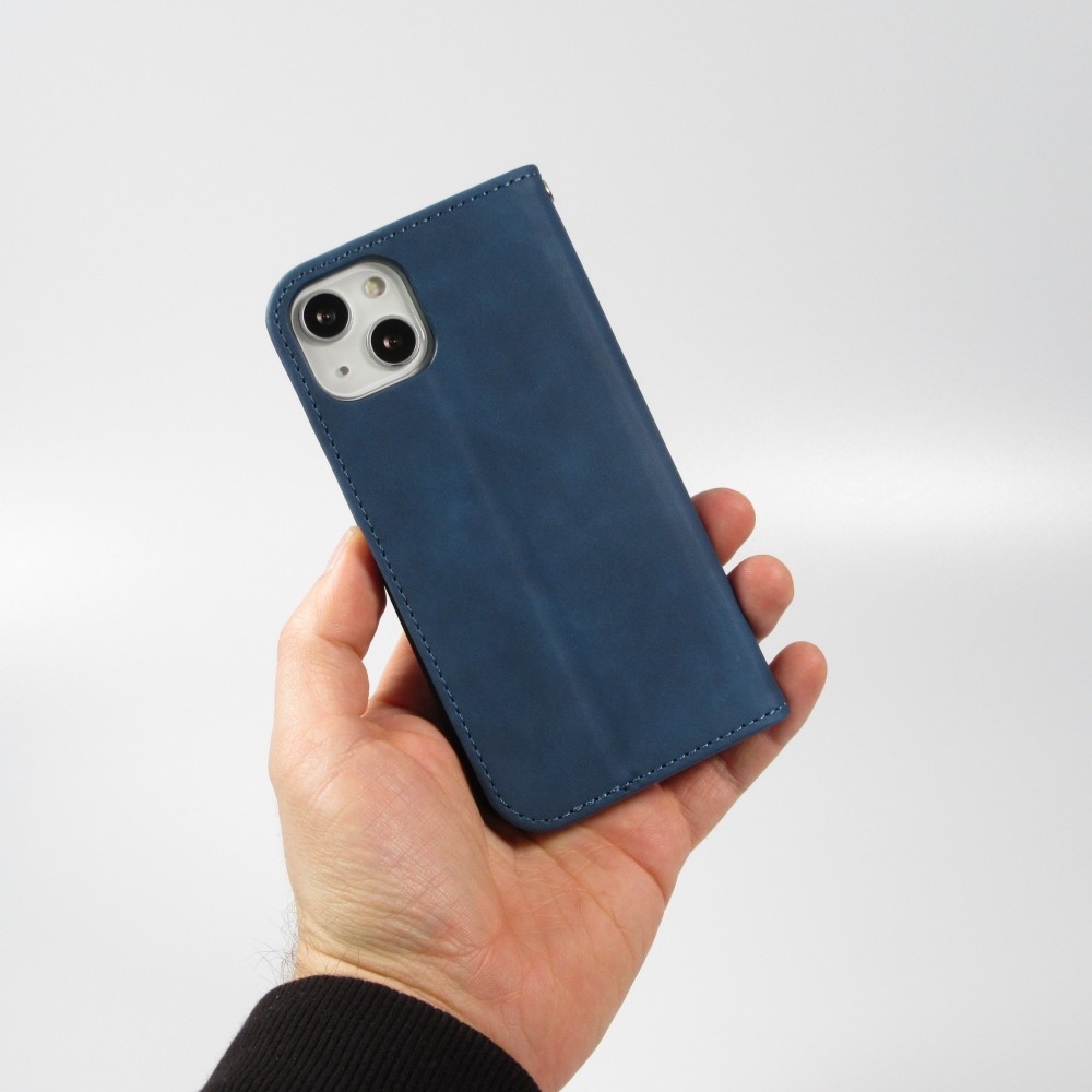 Etui cuir iPhone 16e - Flip Wallet vintage avec fermeture aimantée et compartiment cartes - Bleu