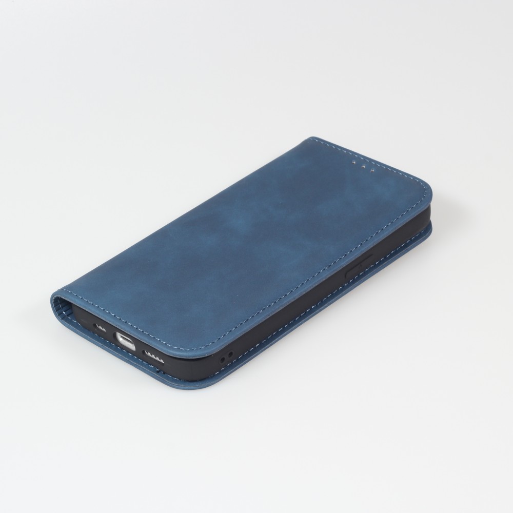 Etui cuir iPhone 16e - Flip Wallet vintage avec fermeture aimantée et compartiment cartes - Bleu