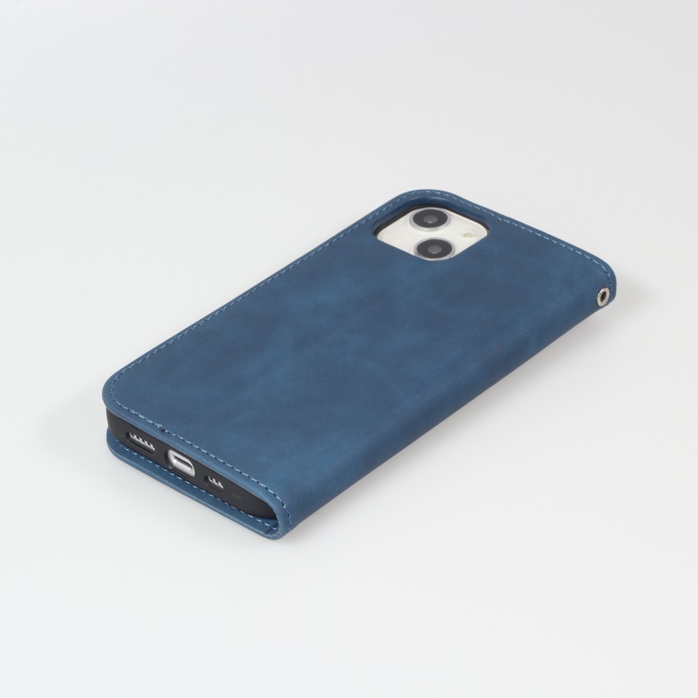 Etui cuir iPhone 15 - Flip Wallet vintage avec fermeture aimantée et compartiment cartes - Bleu