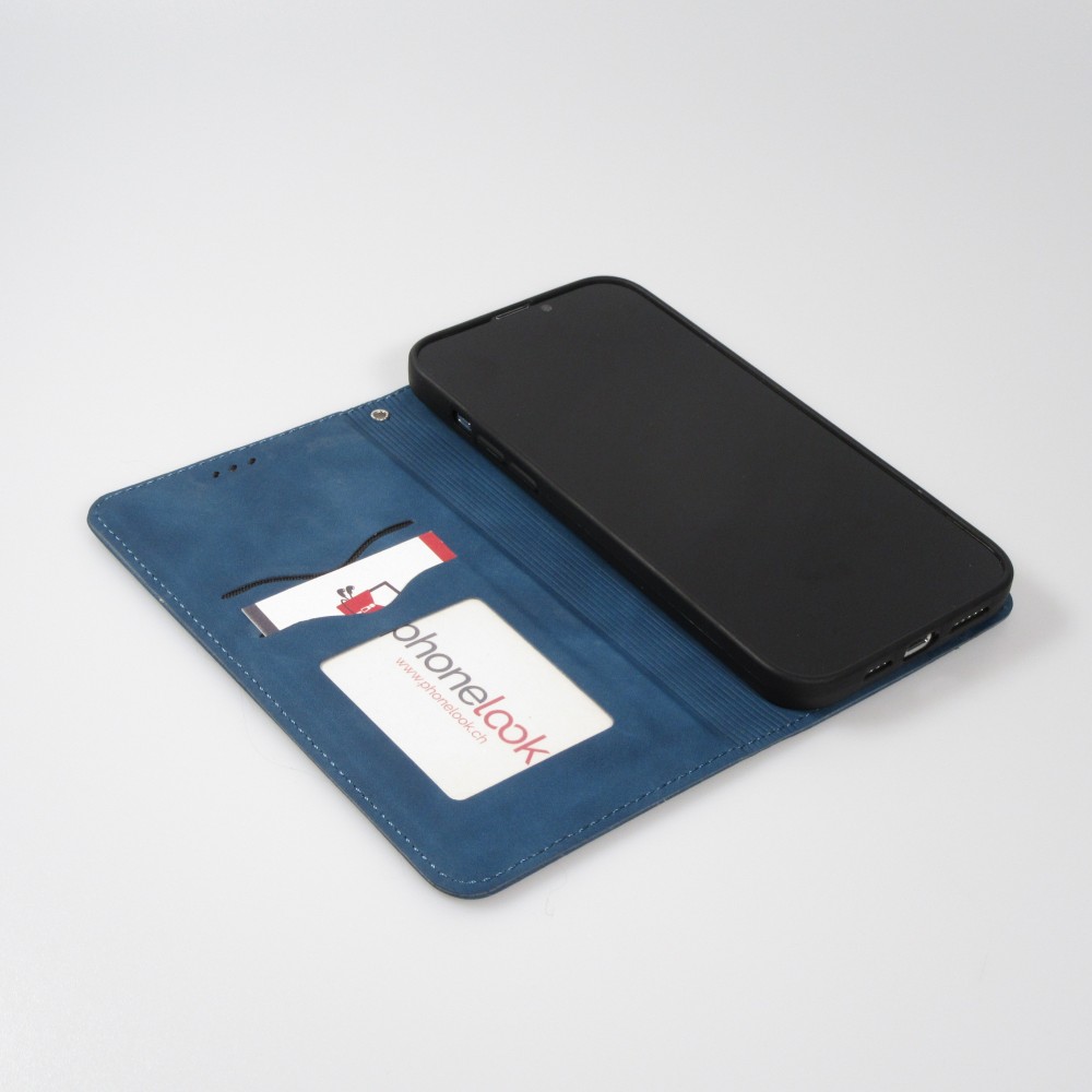 Etui cuir iPhone 16e - Flip Wallet vintage avec fermeture aimantée et compartiment cartes - Bleu