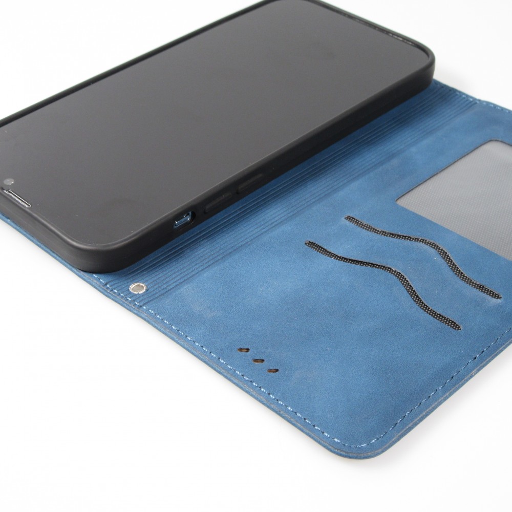 Etui cuir iPhone 15 - Flip Wallet vintage avec fermeture aimantée et compartiment cartes - Bleu