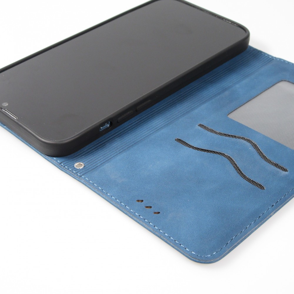 Etui cuir iPhone 16e - Flip Wallet vintage avec fermeture aimantée et compartiment cartes - Bleu