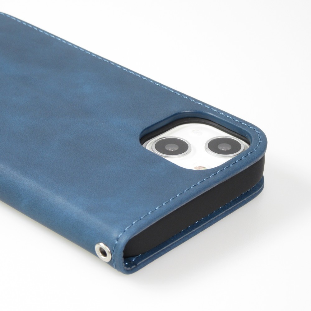 Etui cuir iPhone 14 - Flip Wallet vintage avec fermeture aimantée et compartiment cartes - Bleu