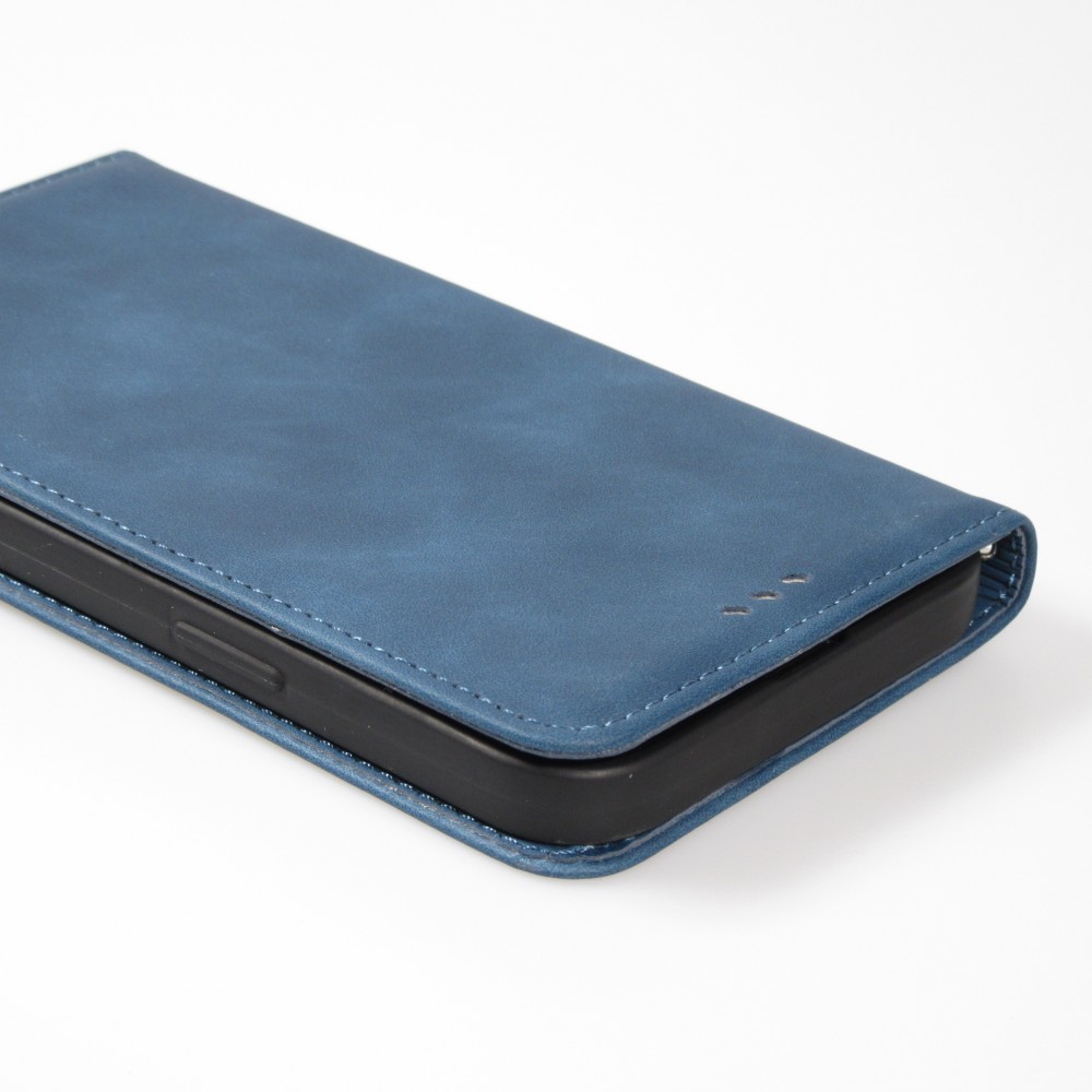 Etui cuir iPhone 16e - Flip Wallet vintage avec fermeture aimantée et compartiment cartes - Bleu