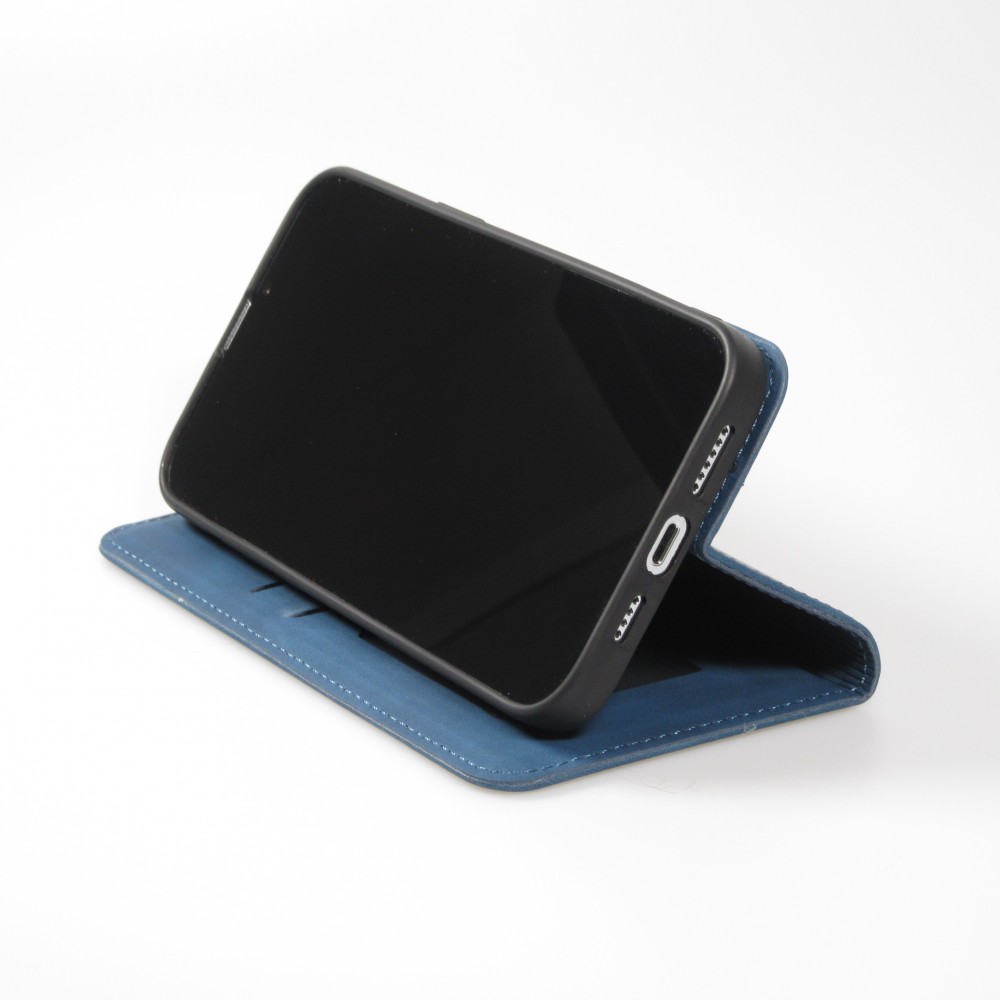Etui cuir iPhone 16e - Flip Wallet vintage avec fermeture aimantée et compartiment cartes - Bleu