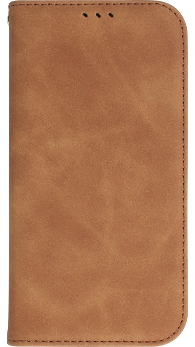 Etui cuir iPhone 15 - Flip Wallet vintage avec fermeture aimantée et compartiment cartes - Brun