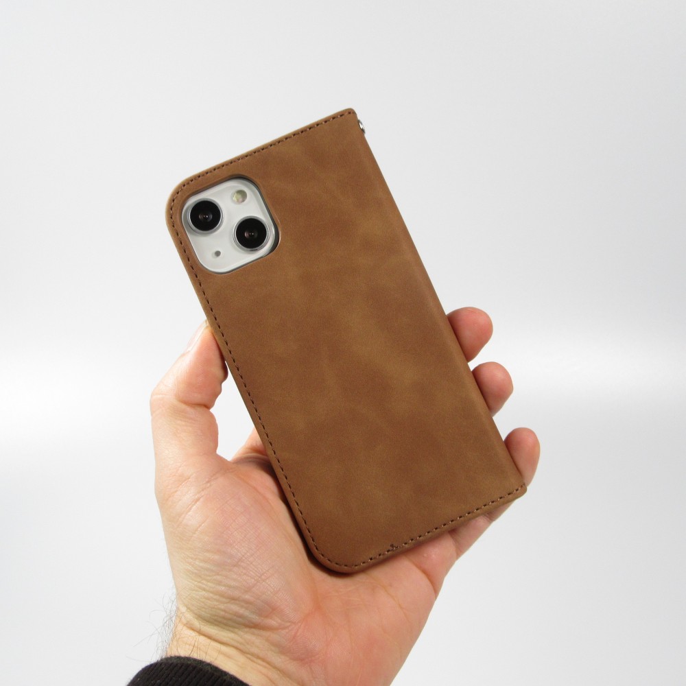 iPhone 15 Leder Tasche - Flip Wallet vintage mit Magnetverschluss und Kartenhalter - Braun