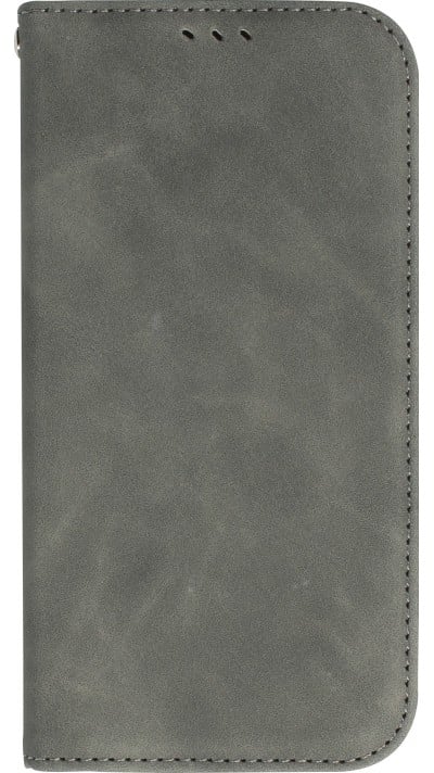 Etui cuir iPhone 13 - Flip Wallet vintage avec fermeture aimantée et compartiment cartes - Gris