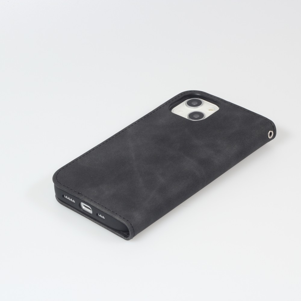 iPhone 14 Leder Tasche - Flip Wallet vintage mit Magnetverschluss und Kartenhalter - Schwarz