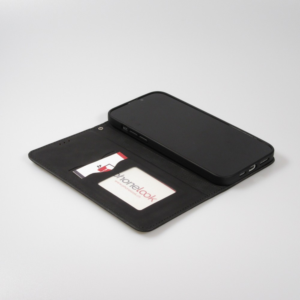 Etui cuir iPhone 15 - Flip Wallet vintage avec fermeture aimantée et compartiment cartes - Noir