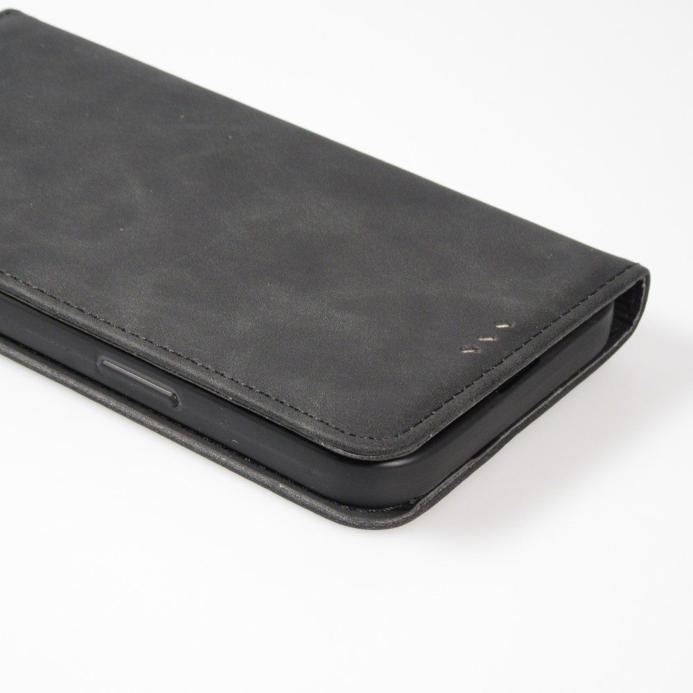 iPhone 14 Leder Tasche - Flip Wallet vintage mit Magnetverschluss und Kartenhalter - Schwarz