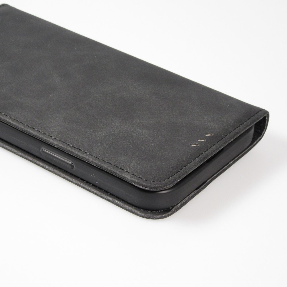 Etui cuir iPhone 15 - Flip Wallet vintage avec fermeture aimantée et compartiment cartes - Noir