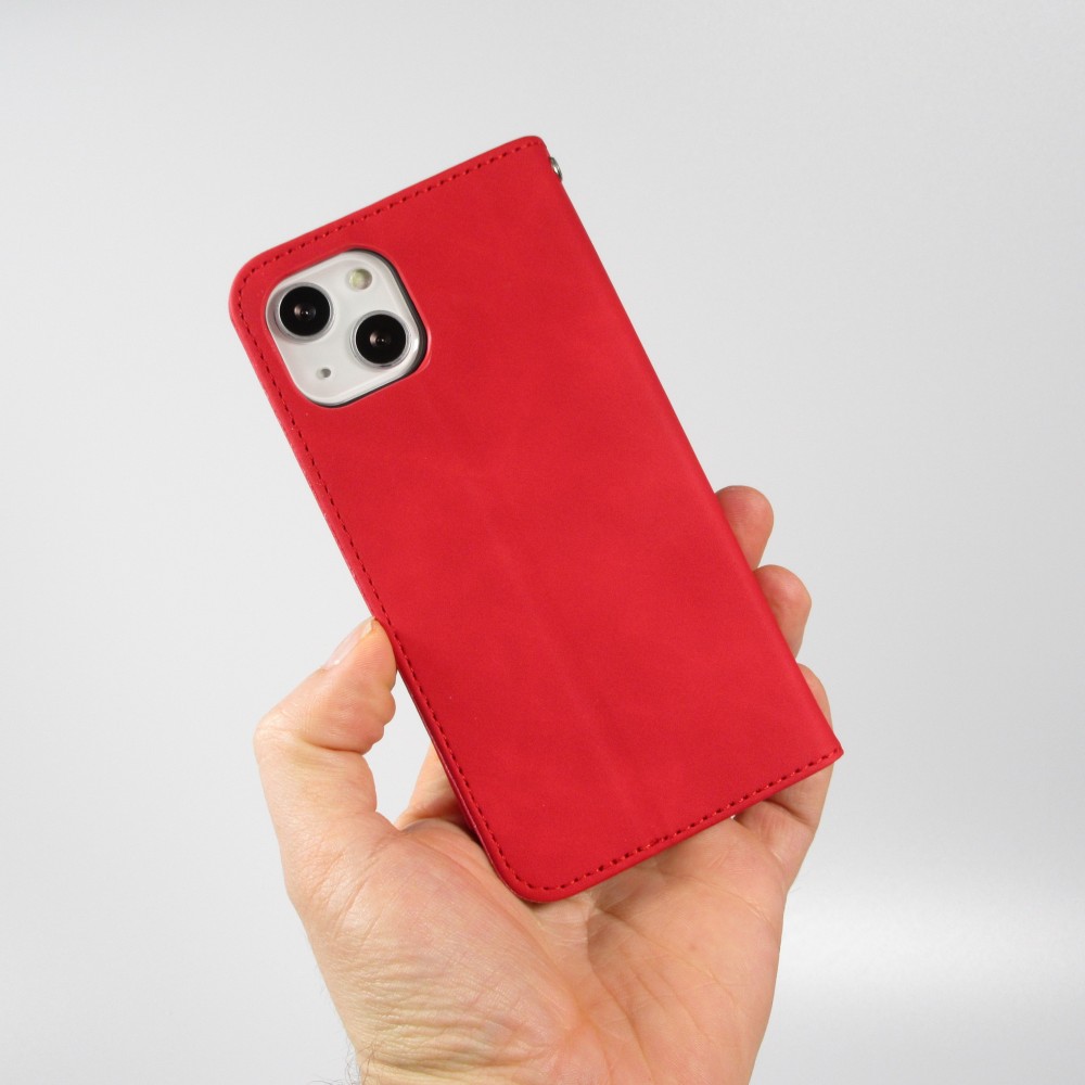 iPhone 15 Plus Leder Tasche - Flip Wallet vintage mit Magnetverschluss und Kartenhalter - Rot