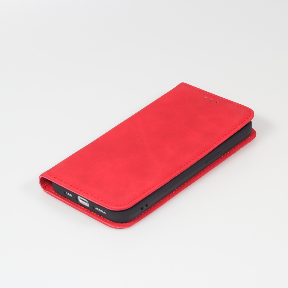 Etui cuir iPhone 13 - Flip Wallet vintage avec fermeture aimantée et compartiment cartes - Rouge