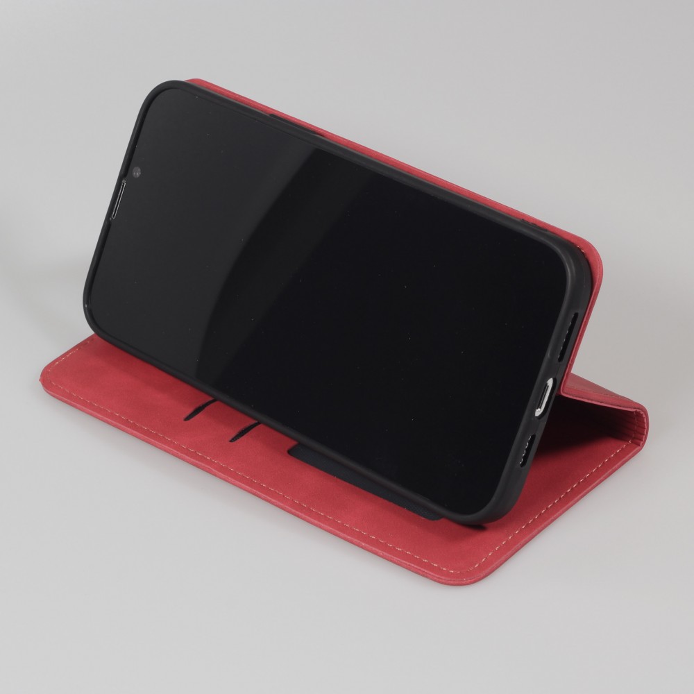 iPhone 15 Plus Leder Tasche - Flip Wallet vintage mit Magnetverschluss und Kartenhalter - Rot