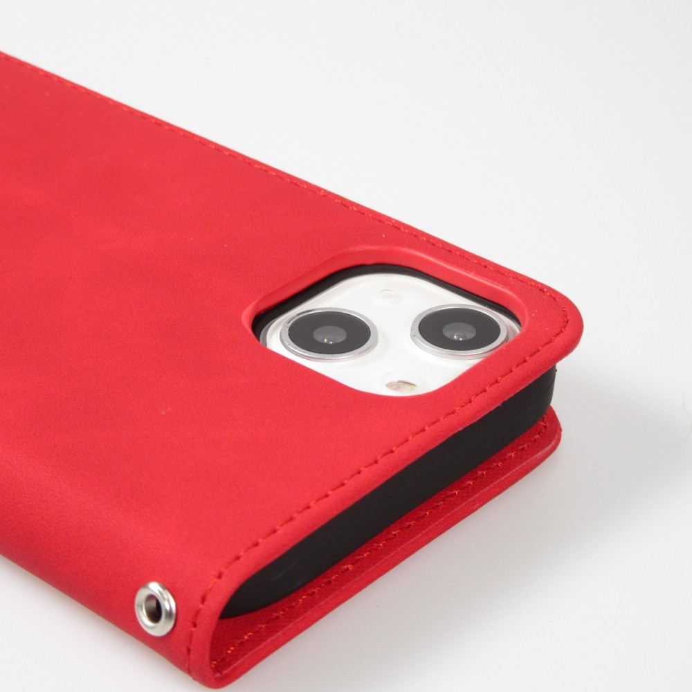 iPhone 15 Plus Leder Tasche - Flip Wallet vintage mit Magnetverschluss und Kartenhalter - Rot
